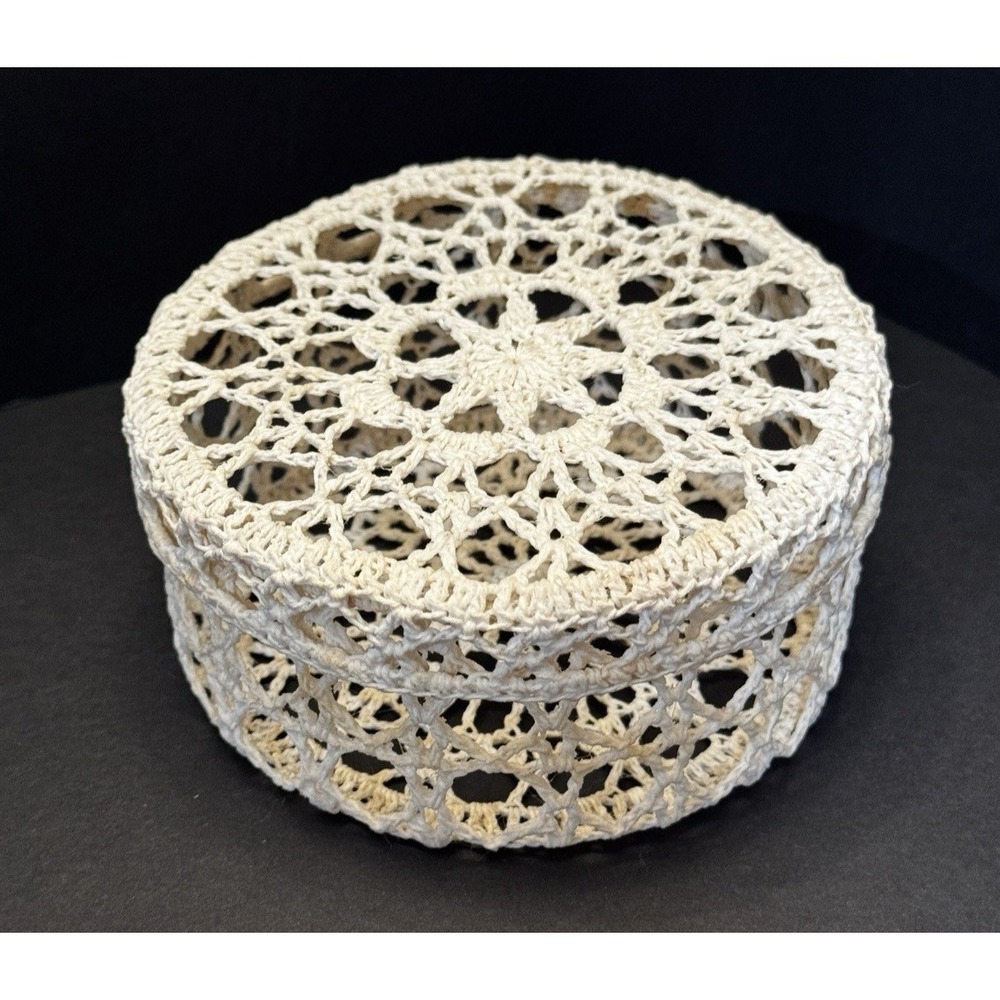 Vintage Crocheted Lidded Trinket Box Stiff Starched Cottagecore Boho Coastal